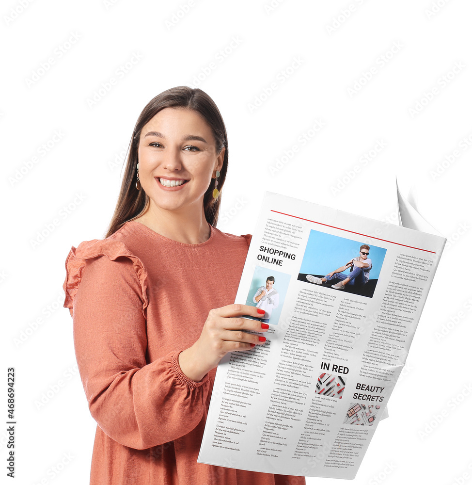 Smiling young woman with newspaper on white background Smiling young woman with newspaper on white background