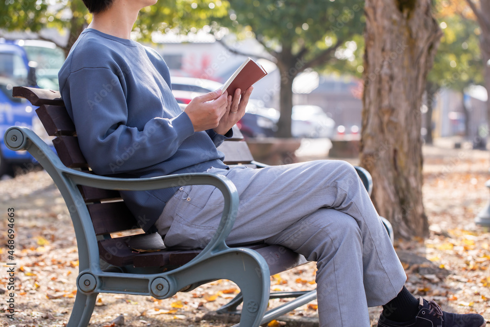 Obraz premium 公園のベンチで本を読む男性 陽だまりの中読書する人
