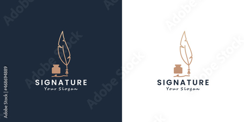 signature feather pen logo design with golden color