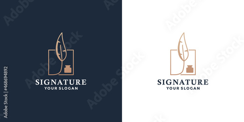 luxury signature feather pen logo design with golden color