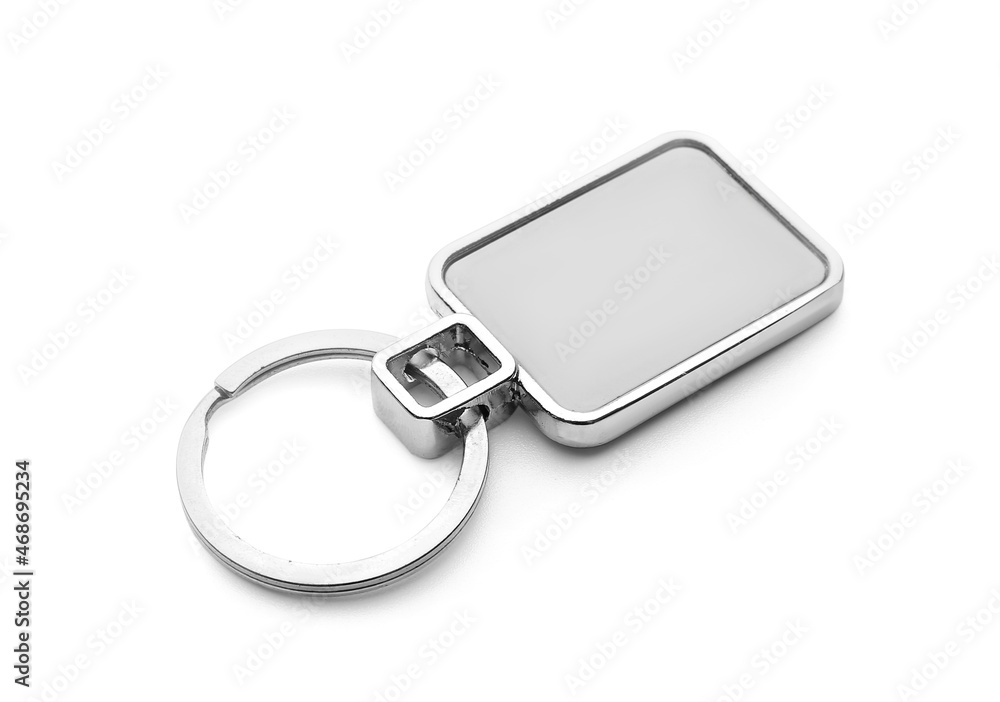 Stylish square keychain on white background