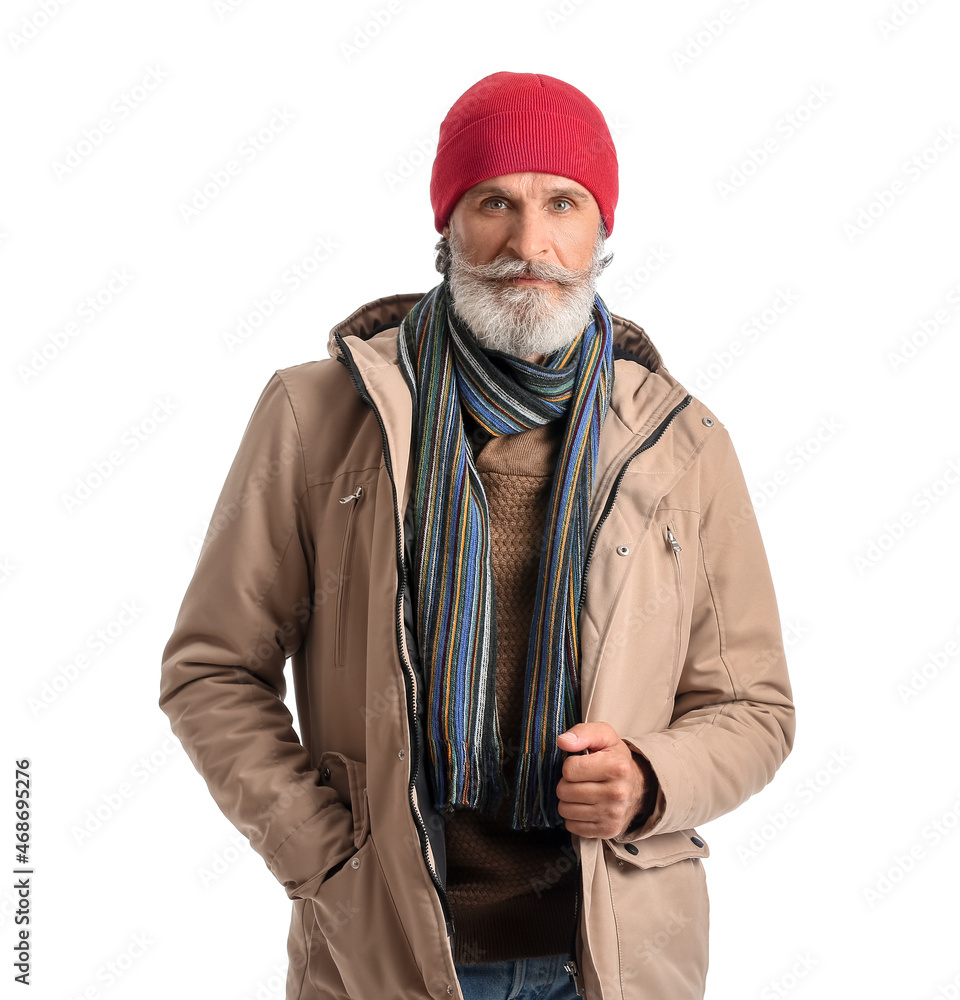 Stylish mature man in warm clothes on white background Stylish mature man in warm clothes on white background