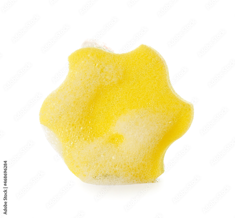 Yellow bath sponge with foam on white background Yellow bath sponge with foam on white background