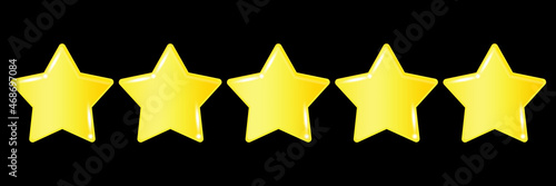 Golden yellow stars black background. Five stars quality rating icon. Christmas design. Vector illustration. Stock image. 