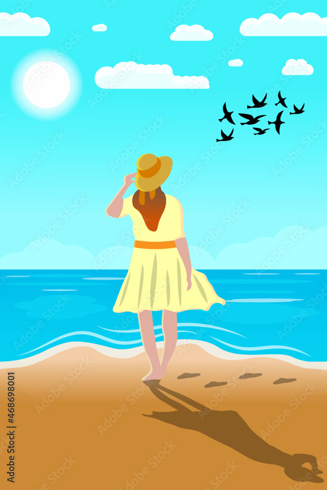 Landscape of a woman on a beach watching birds	