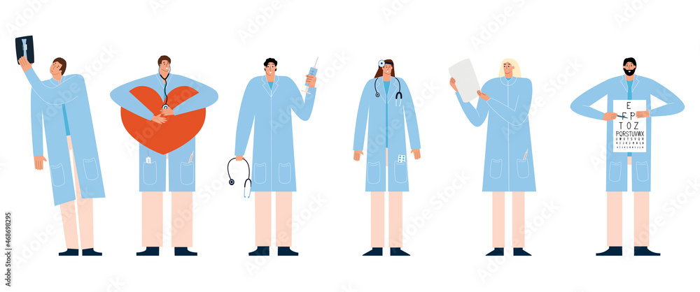 A set of doctors of different specialties. Oculist, cardiologist, surgeon, therapist, psychologist, otolaryngologist, x-ray specialist. Vector illustration in flat style A set of doctors of different specialties. Oculist, cardiologist, surgeon, therapist, psychologist, otolaryngologist, x-ray specialist. Vector illustration in flat style