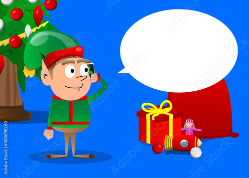 Christmas Elf talking on cell phone. Vector cartoon character illustration of Santa Claus's little worker, helper.