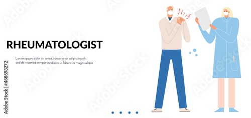 Landing page with an elderly man with a sore shoulder joint and a woman doctor in a medical mask. Clinic banner. Online consultation. Vector illustration in flat style