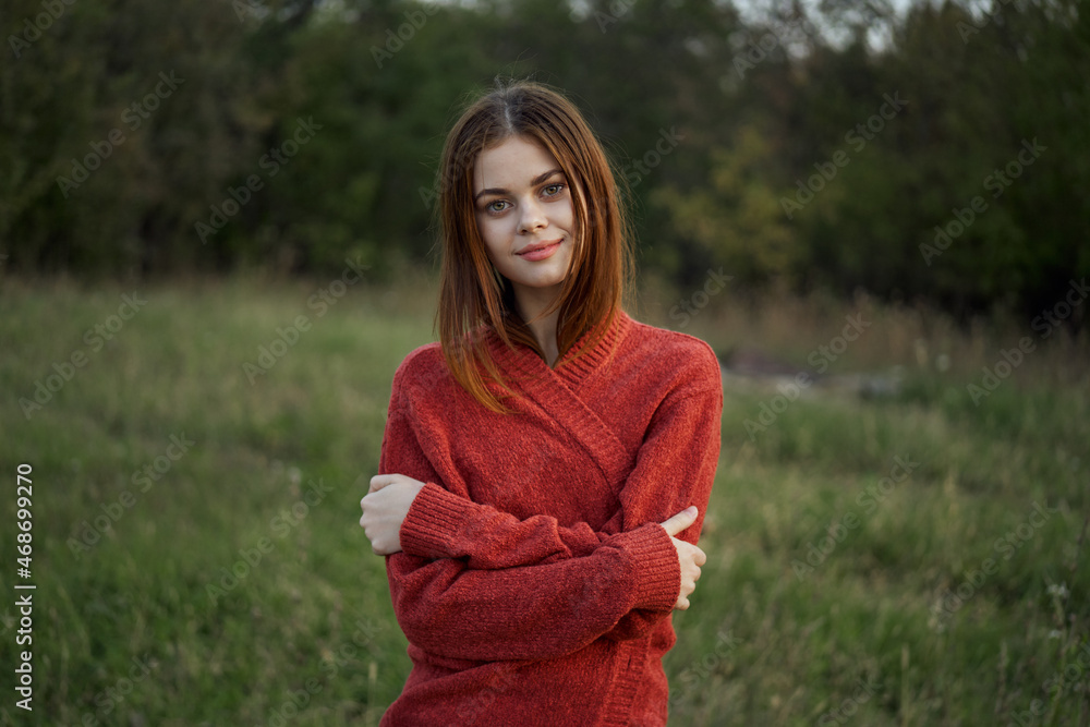 woman red sweater cool air nature romance woman red sweater cool air nature romance
