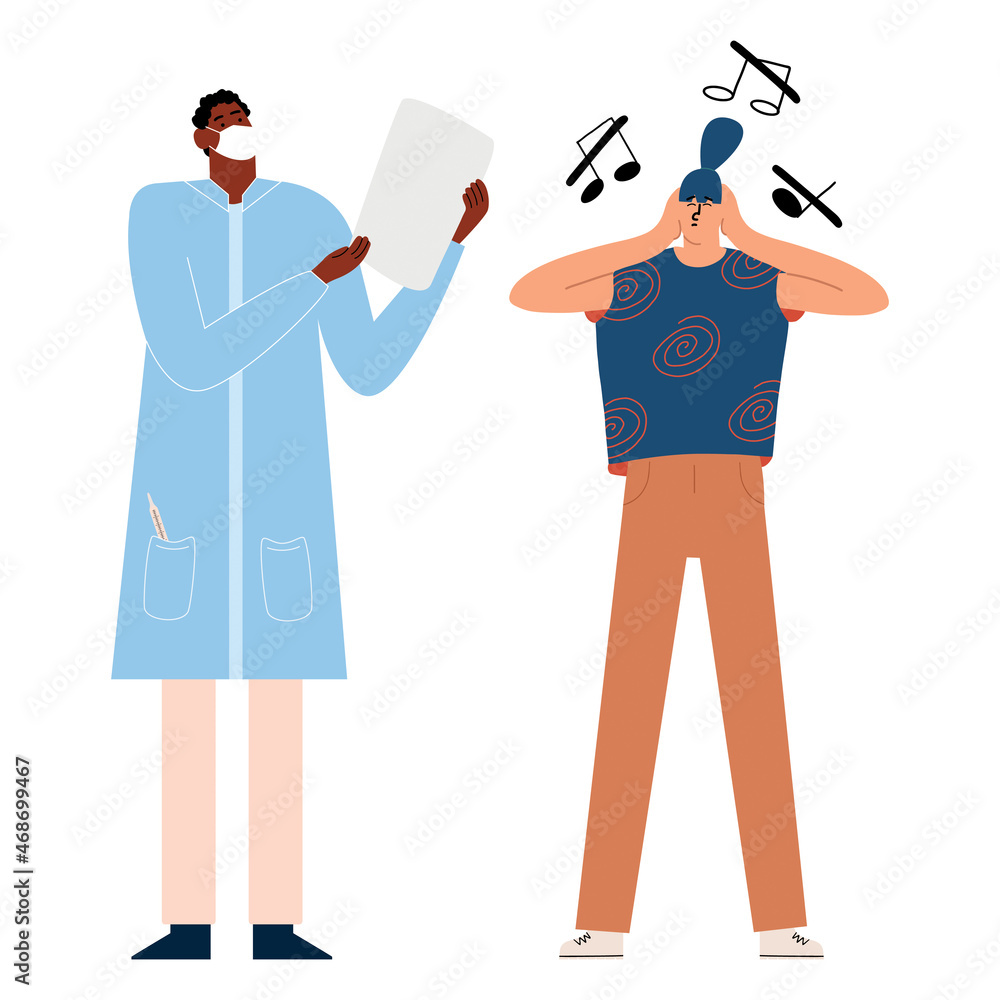 A patient with tinnitus at the doctor's appointment. The concept of obsessive compulsive disorder, neurosis. Vector illustration in flat style A patient with tinnitus at the doctor's appointment. The concept of obsessive compulsive disorder, neurosis. Vector illustration in flat style