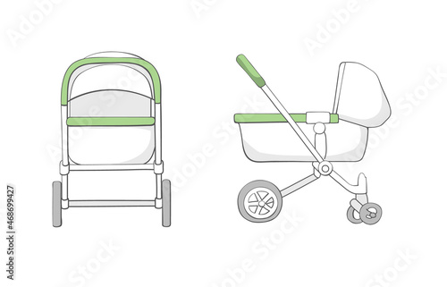 Set of two baby strollers. Vector isolated stock flat color image on a white background. 