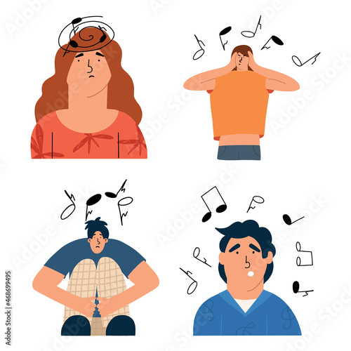 A set of characters suffering from obsessive melody syndrome. OCD concept. Vector hand drawn illustration in flat style