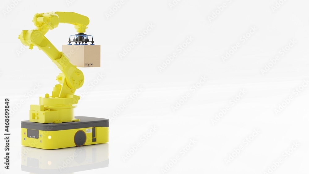 Factory 4.0 concept: The AGV with handling robot and carton on white background. 3D illustration