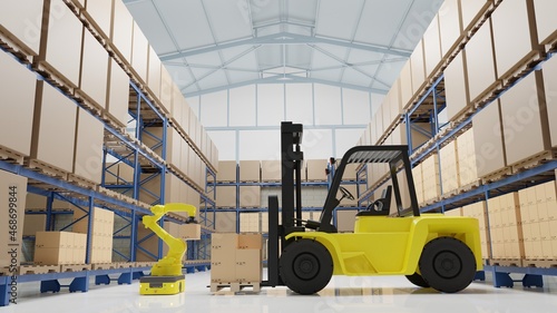 AGV (Automated guided vehicle) with handling robot is picking carton in warehouse. 3D illustration