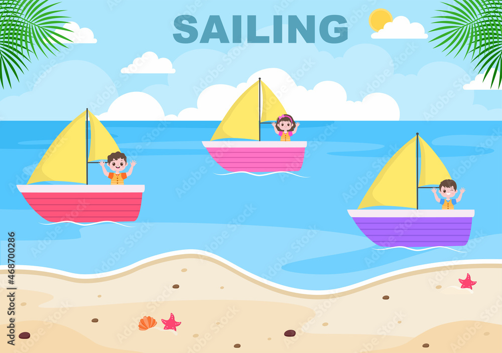 Kids Cartoon Sailing Boat with Sea or Lake View Background Vector Illustration. Summer Time for Leisure, Sports Activity and Recreation Outdoors Lifestyle