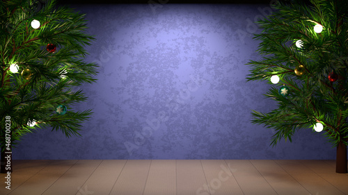 Pine tree on wooden floor with decoration for Christmas and New year festival