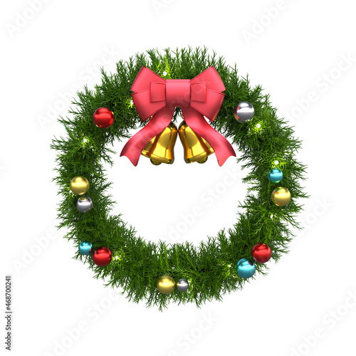 Christmas Wreath decorate with red ribbon, golden bell and Christmas ball