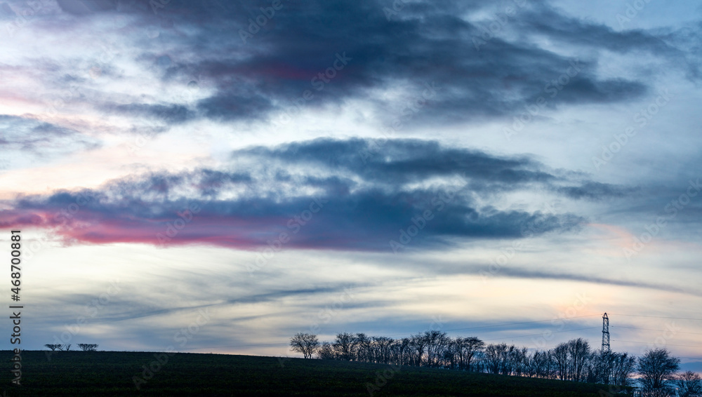 Panorama of single,isolated elecricity pylon and winter trees at dusk,English countryside,Hampshire,United Kingdom.