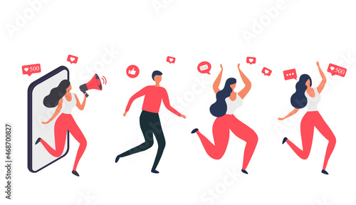 People shouting in loud speaker with social media icons. Influencer social media marketing concept and blogger vector illustration