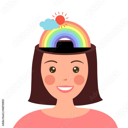 Mental health concept vector illustration. Smiling woman with sunshine, rainbow and blue sky on her head. World mental health day. Psychological therapy and treatment. Positive thinking. Mindfulness.
