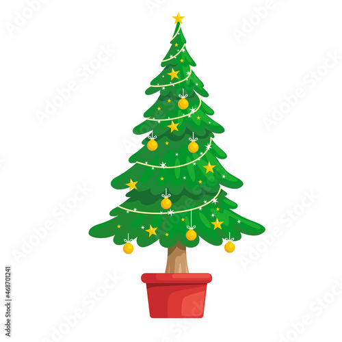 Beautifully decorated Christmas tree in a red pot, tree illustration on white background.