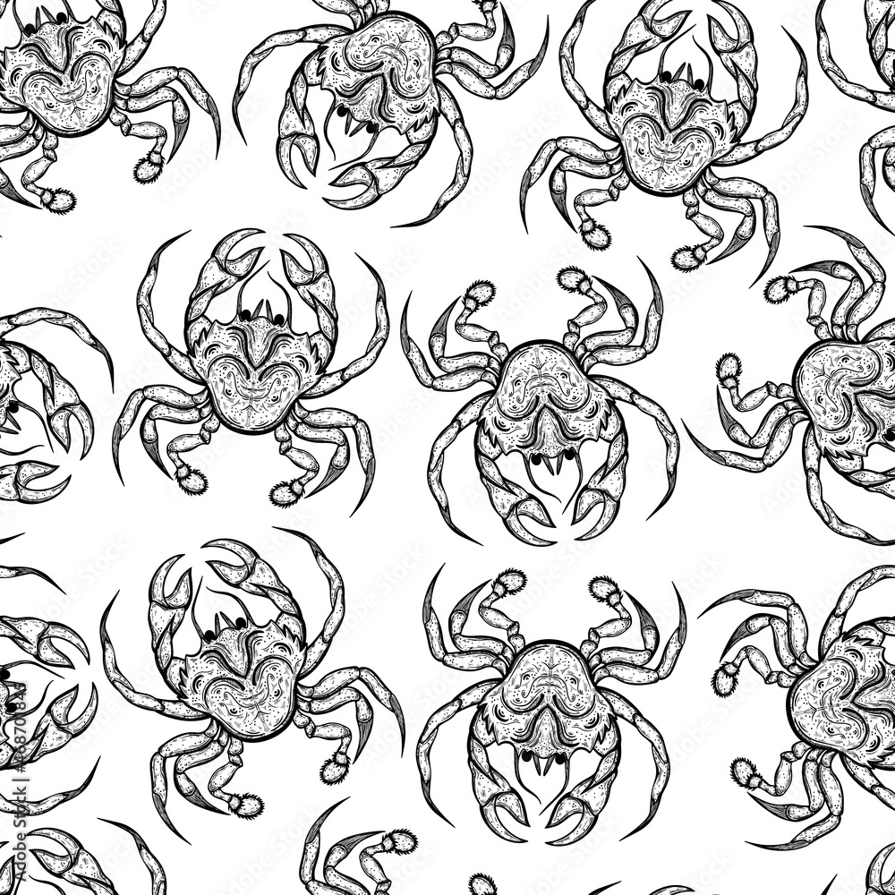 Obraz premium Fresh crabs seamless vector pattern. Hand-drawn illustration. Sketch of seafood delicacies. Engraving ocean animals on a white background. Crayfish in shell monochrome concept.