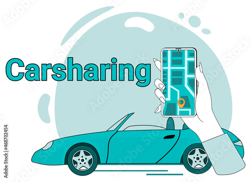 Carsharing.People on the background of a car and a smartphone use carsharing services.Flat vector illustration in green.