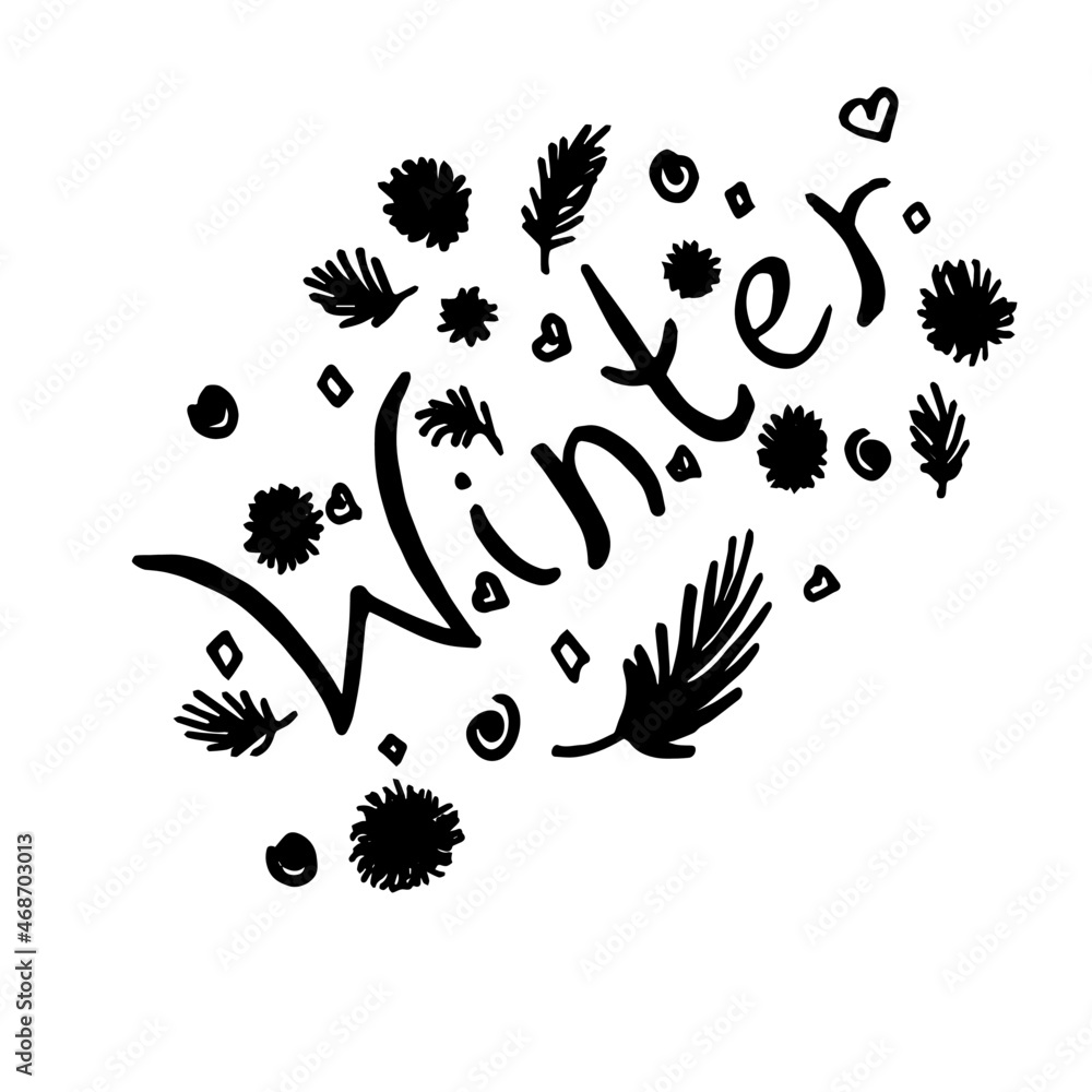 Winter is the word, lettering. Twigs, snowflakes, hearts with winter text, inscription. Winter concept, logo template and signboard. Horizontal format. Vector illustration for print and the Internet. 