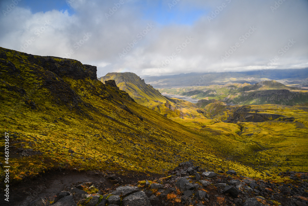 Hiking down the trail from the Fimmvorduhals Pass to the beautiful Godaland area of Thórsmörk National Park, Iceland Hiking down the trail from the Fimmvorduhals Pass to the beautiful Godaland area of Thórsmörk National Park, Iceland