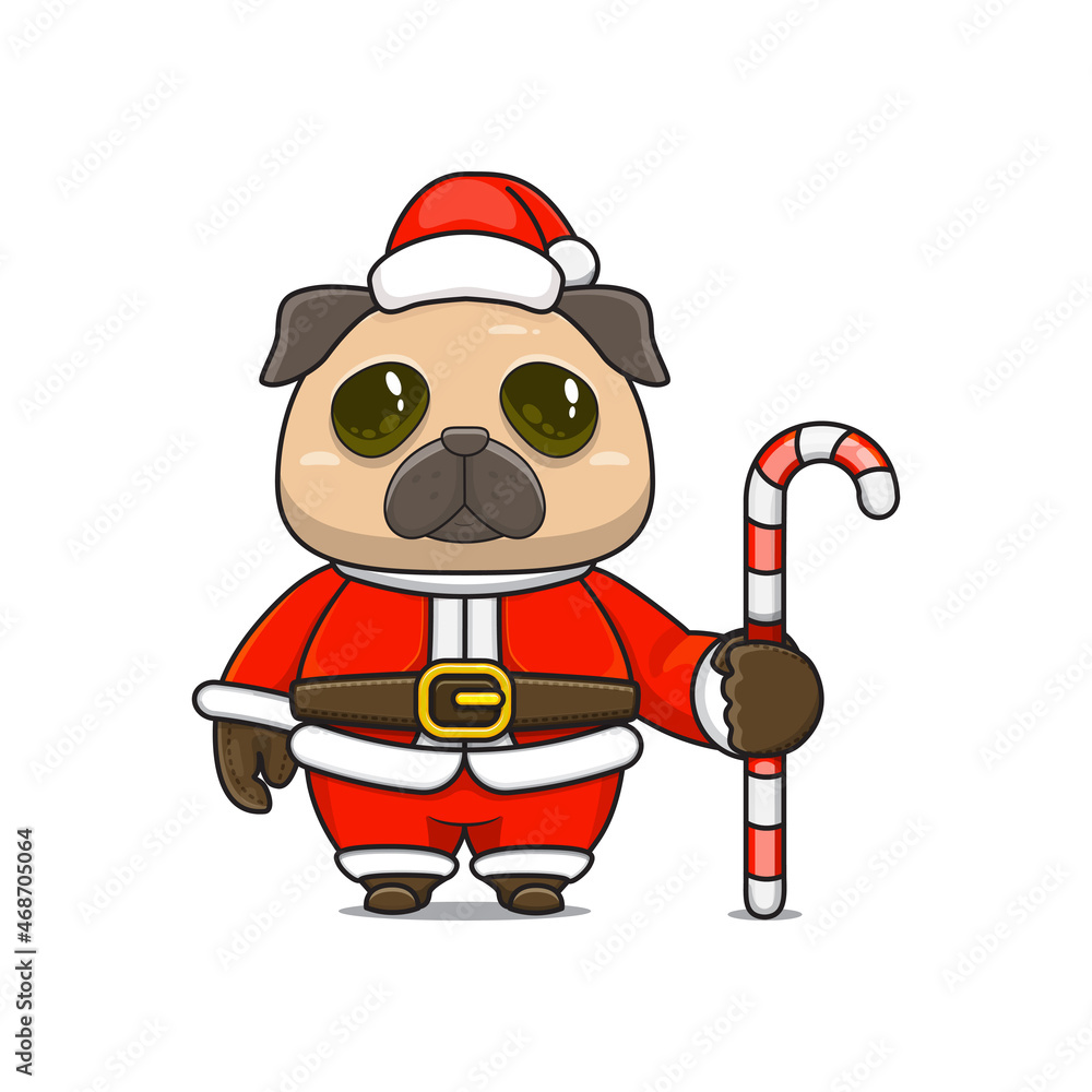 cute pug or dog wearing santa costume holding candy cane for christmas cute pug or dog wearing santa costume holding candy cane for christmas