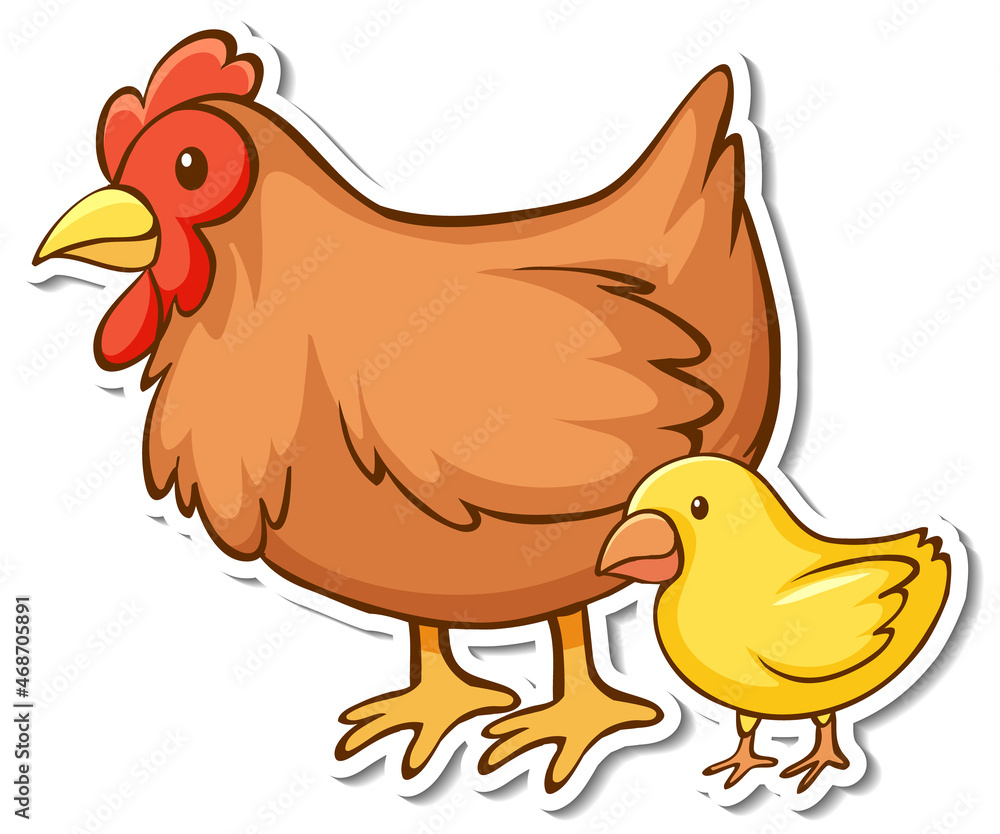Hen with little chick in standing pose sticker