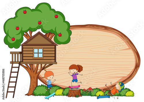 Empty wooden banner with fairy tale cartoon character and elements isolated