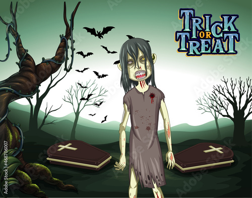 Creepy zombie on forest cemetery background