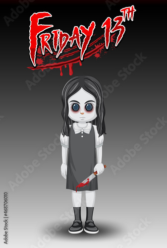 Friday 13th logo with little ghost girl with black eyes