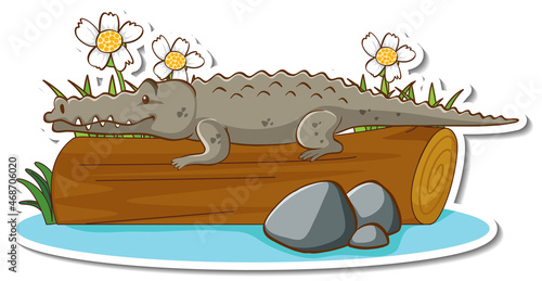 Cartoon character of a crocodile on a log wood sticker