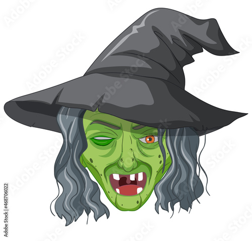 Wicked old witch face on white background