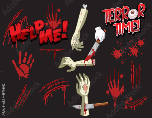 Set of blood spatter and hand print