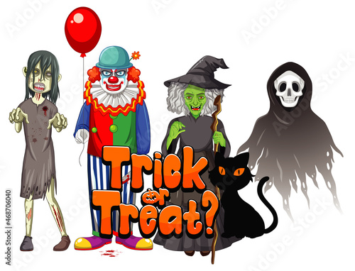 Trick or Treat text design with Halloween ghost characters