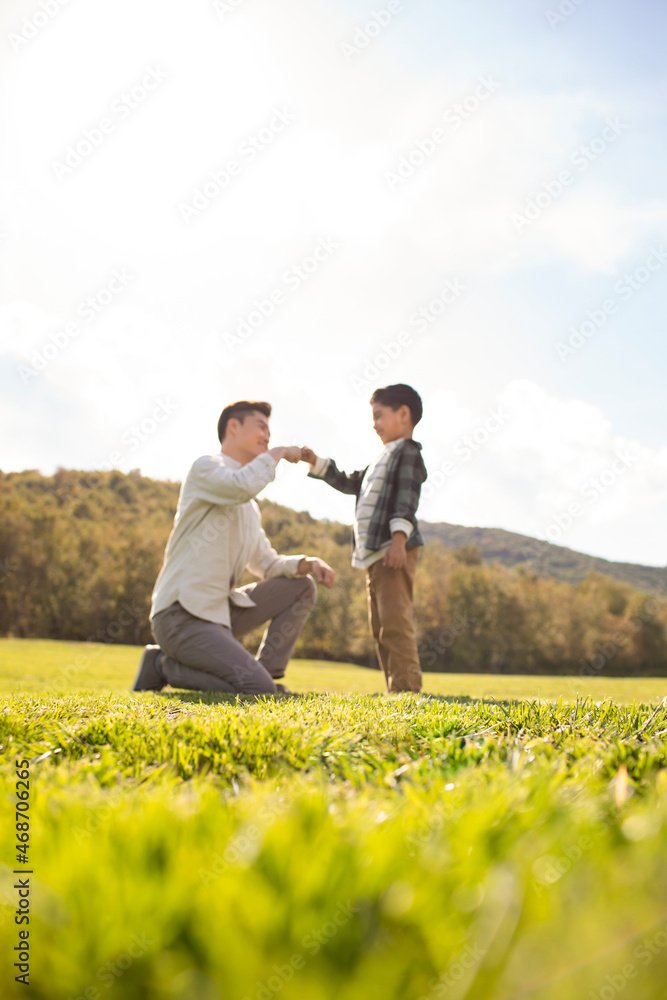 Happy Chinese father and son playing on meadow Happy Chinese father and son playing on meadow
