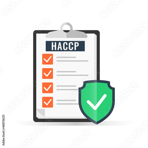HACCP, Hazard Analysis Critical Control Points icon with shield protection and checkmark symbol