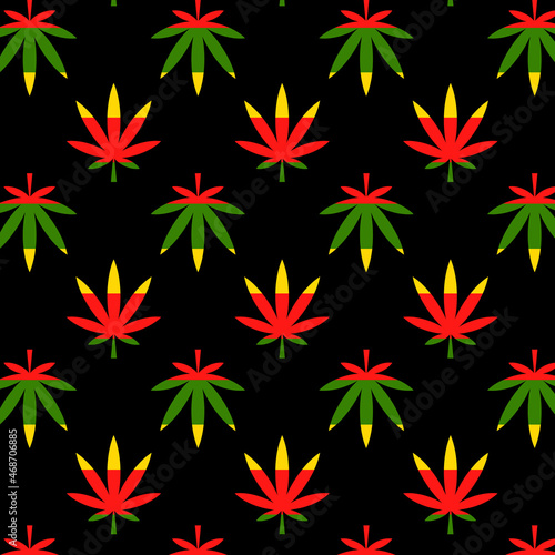 Colorful cannabis leaf seamless pattern on black background. Marijuana leaves Rasta color wallpaper. Vector illustration..