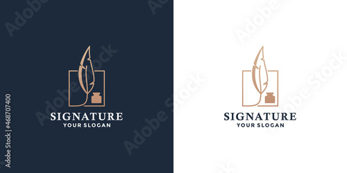 signature feather pen logo design with golden color