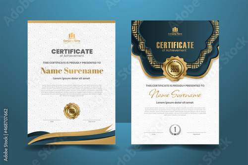 Premium Blue Certificate Template Design with Purple Ornament. Vector Illustration