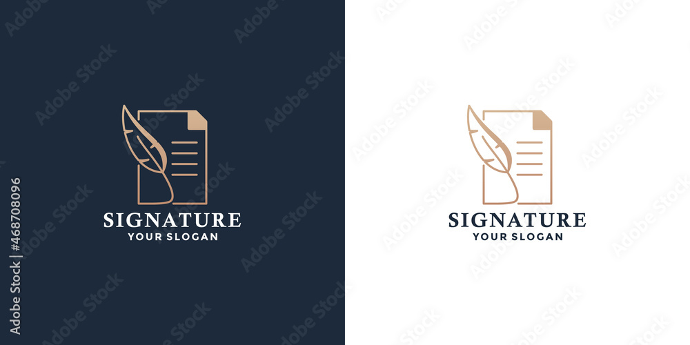 signature logo design with book and feather pen