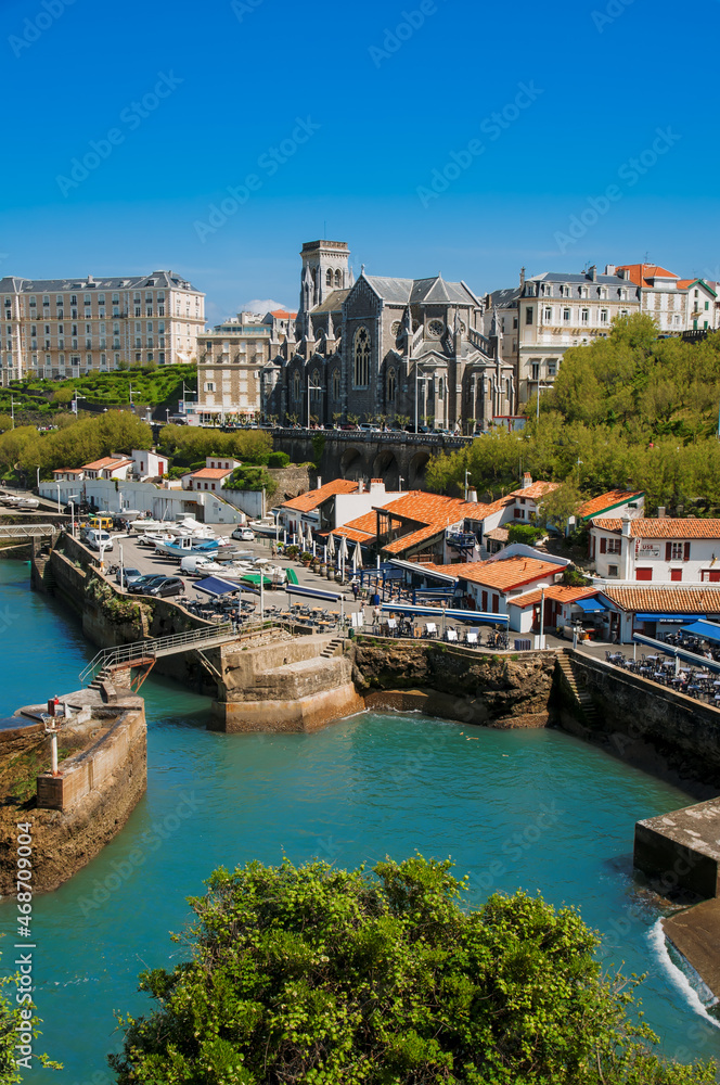 Church and harbor of Biarritz city in France
