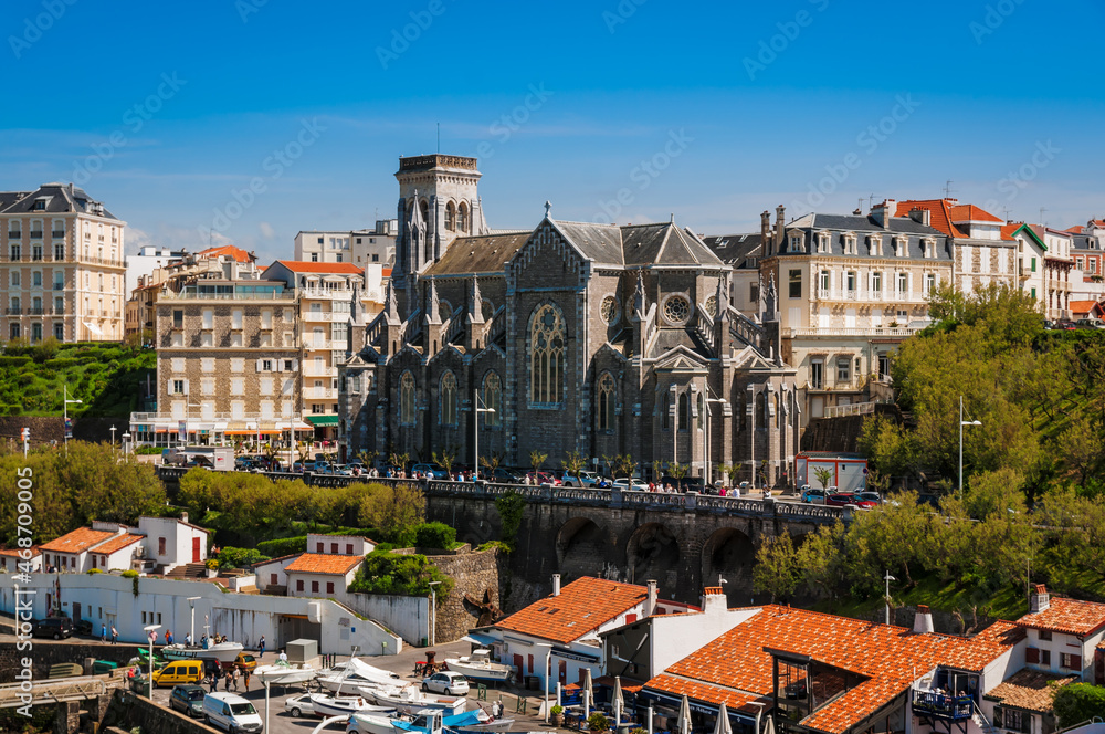 Church and harbor of Biarritz city in France
