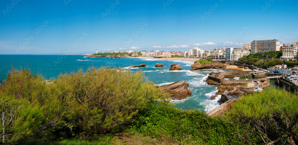 Panoramic view of lighthouse of Biarritz city with beach and city