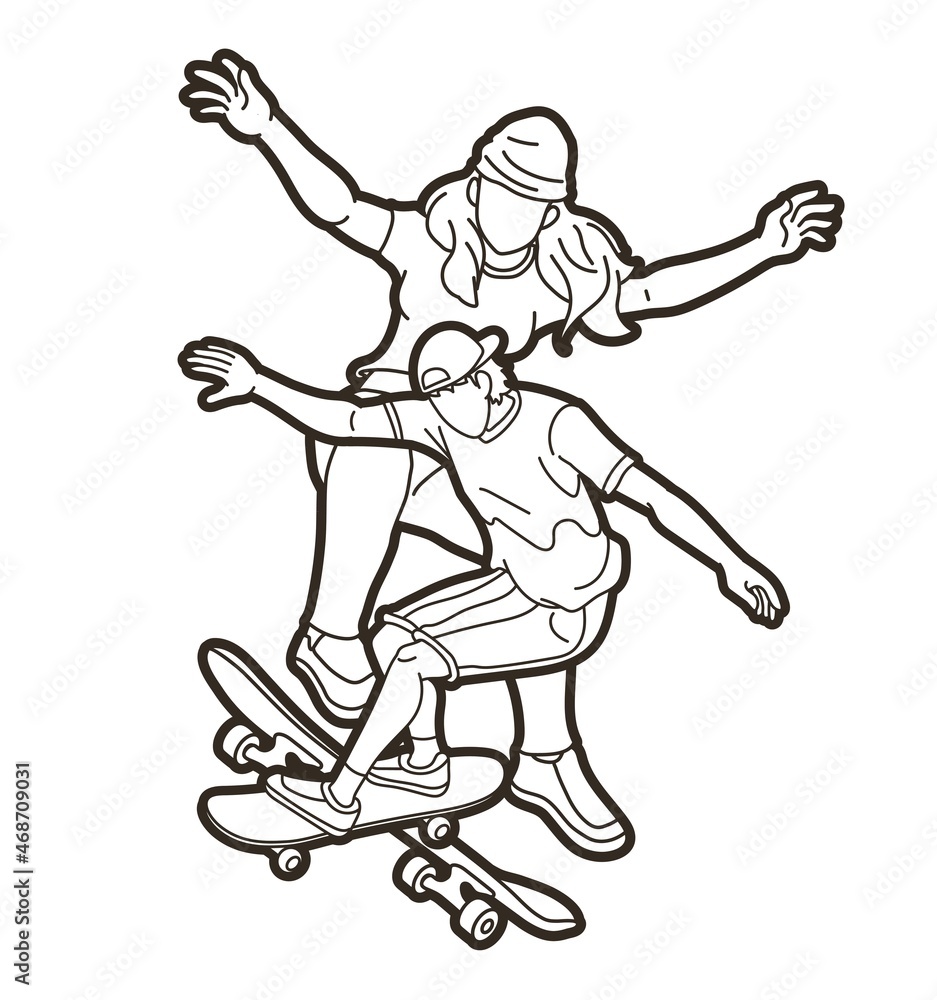Skateboarder Action Skateboard Players Extreme Sport Cartoon Graphic Vector