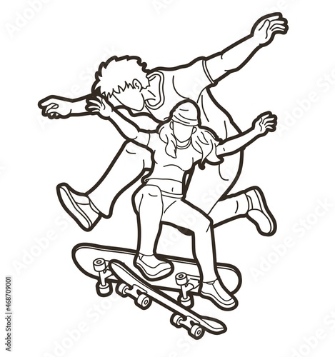 Skateboarder Action Skateboard Players Extreme Sport Cartoon Graphic Vector