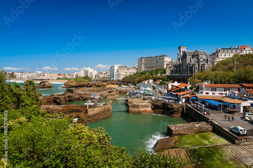 Church and harbor of Biarritz city in France photo